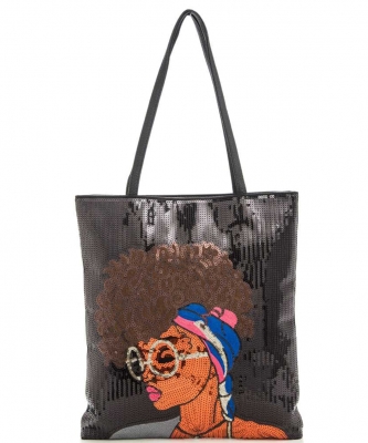 Glasses Girl Sequins Large Tote Bag 136-A039GT-L BLACK